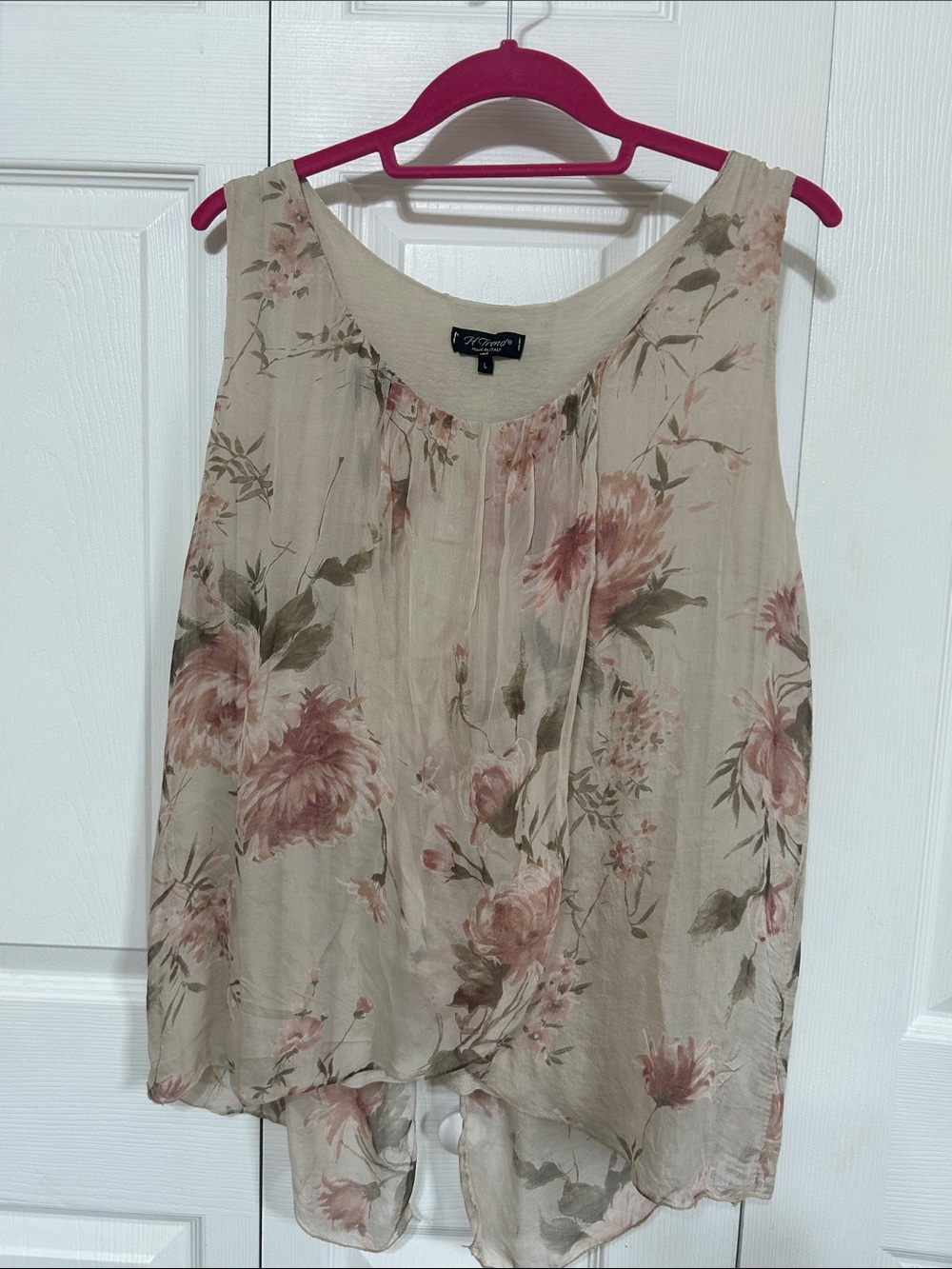 H Trends Silk 100% Floral Beige Sleeveless Camisole with Pink Blooms Large